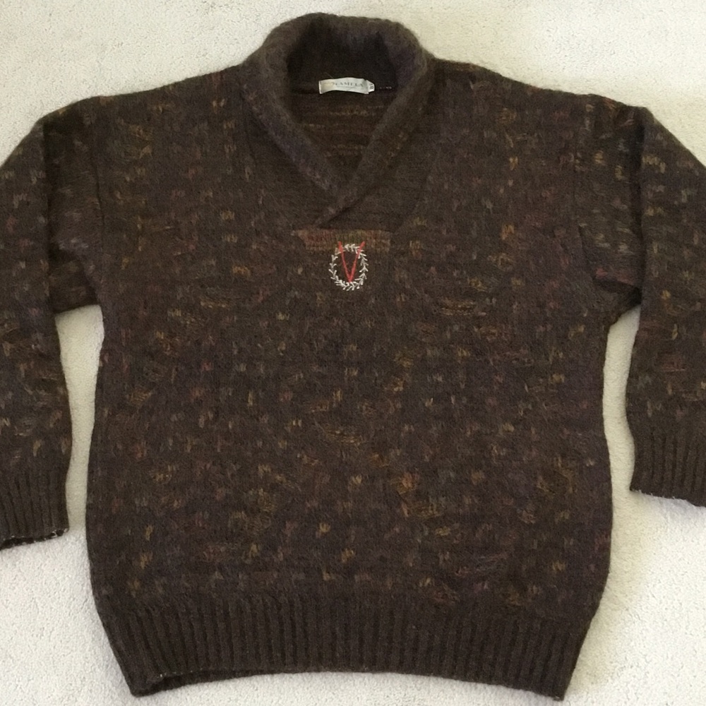Men's Brown Shawl-Collar Sweater with Crest Embroidery